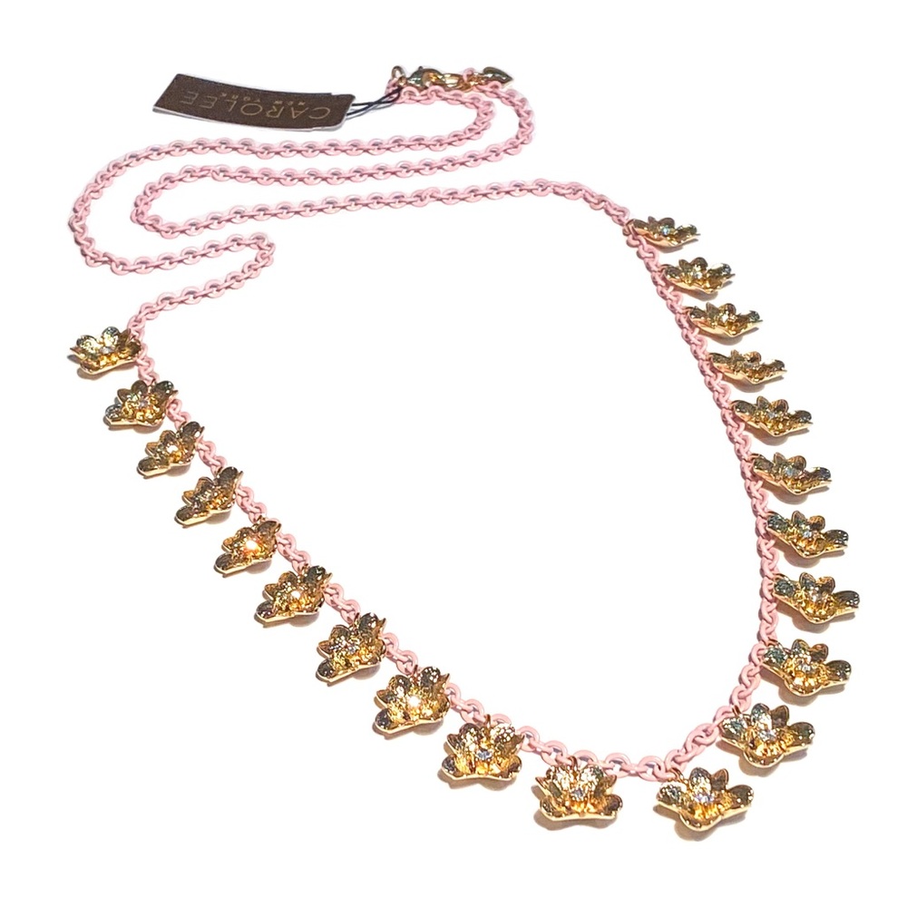 New Carolee Necklace with a Long Pink Chain and Gold Flower Charm Accents - Picture 1 of 11